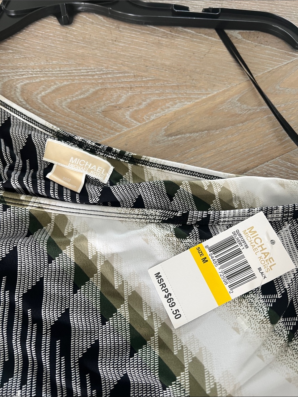 Michael Kors Black, White & Olive One-Shoulder Printed Top - Picture 2 of 2